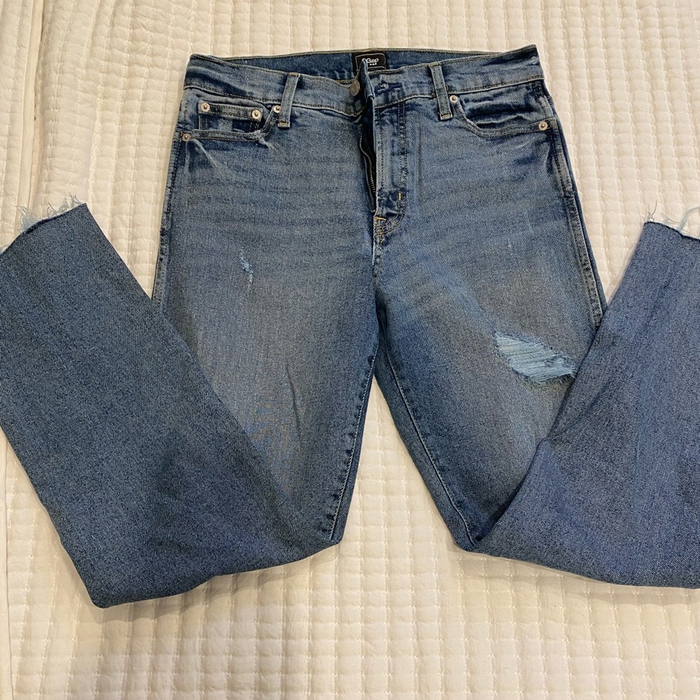 GAP Blue Straight Leg Jeans with Distressed Detail